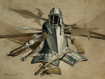 ダーラムのブランセペス城での鎧と武器の研究（紙と鉛筆） 作： William Andrews Nesfield
